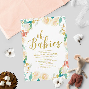 Invitación Oh bebés Enfrentan a Purpurinas florales gemelos B
