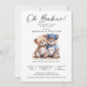 Invitación Oh Bebés Gemelos Acuarela Ositos Ropa de Bebé Fies