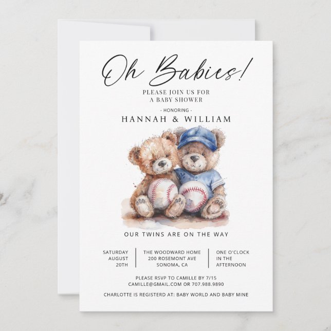 Invitación Oh Bebés Gemelos Acuarela Ositos Ropa de Bebé Fies (Anverso)