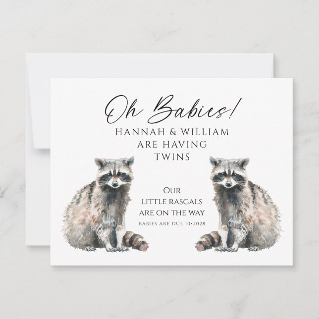 Invitación Oh Bebés Gemelos En Camino Mapaches Lindos (Anverso)