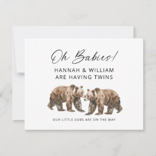 Invitación Oh Bebés Gemelos En Camino Ositos Cachorros Acuare