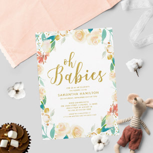 Invitación Oh Bebés Melocotón Floral Brillo Gemelos Baby Show
