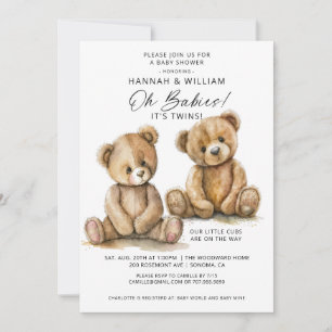 Invitación Oh bebés Twins Watercolor Bears Baby Shower