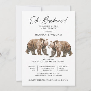 Invitación Oh bebés Twins Watercolor Bears Baby Shower