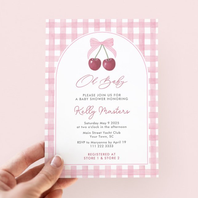 Invitación Oh Bonito bebé Chica de cerezas rosas Baby Shower (She's the cherry on top! Pretty pink gingham & cherries baby shower invitation for girl with arch)