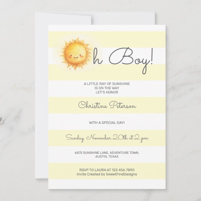 Invitación Oh Boy A Little Ray of Sunshine Baby Shower (Anverso)