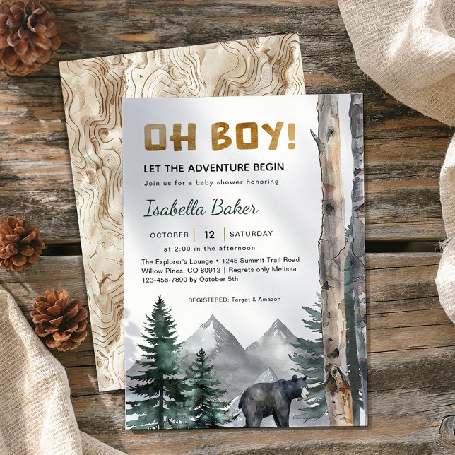 Invitación Oh Boy Adventure Begin | Woodland Bear Baby Shower (Oh Boy Baby Shower Invite)