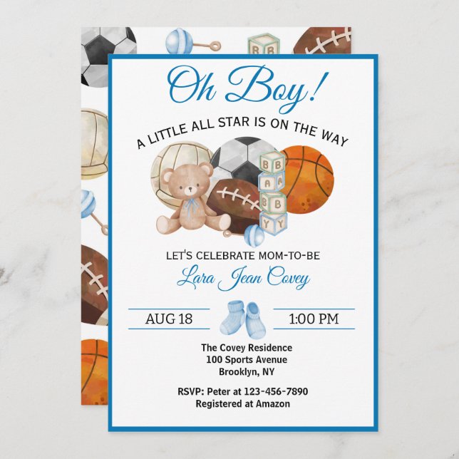 Invitación Oh Boy All Star Sport Baby Shower  (Anverso / Reverso)