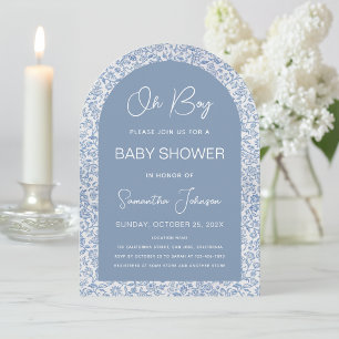 Invitación Oh Boy Arco Azul Patrón Floral Script Baby Shower