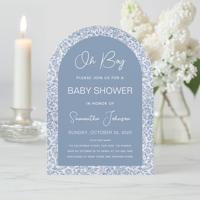 Invitación Oh Boy Arco Azul Patrón Floral Script Baby Shower (Subido por el creador)