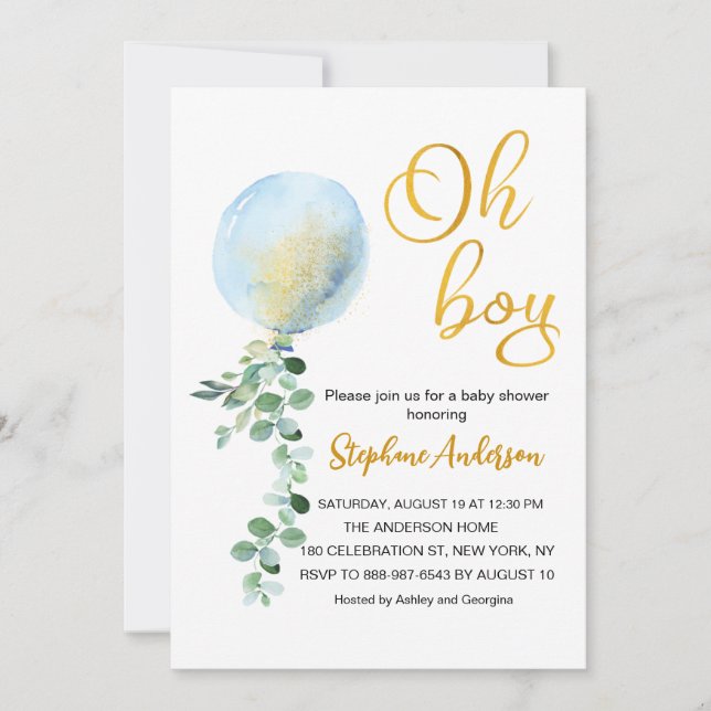 Invitación Oh Boy Baby Blue Balloon Eucalyptus Baby Ducha (Anverso)