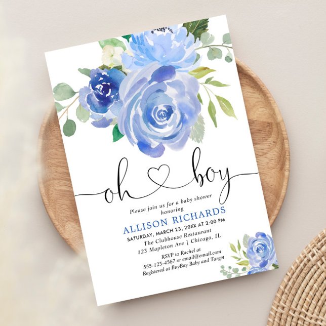 Invitación Oh Boy baby ducha acuarela azul floral (Subido por el creador)
