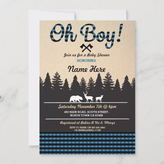 Invitación Oh Boy Baby Lumberjack Baby Shower Blue Invite (Anverso)