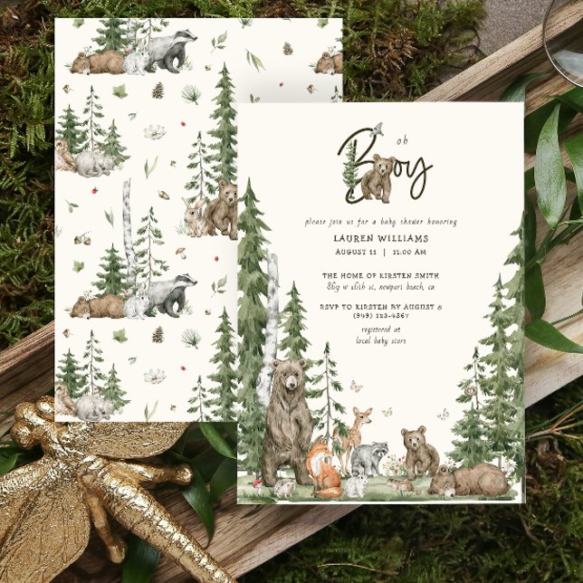 Invitación Oh Boy Baby Shower Bearly Wait Woodland Animals (Oh Boy Baby Shower Invitation)