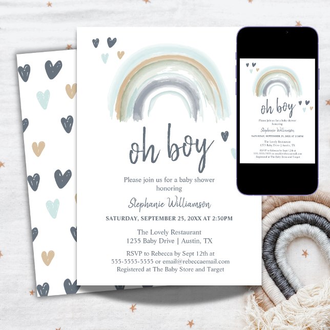 Invitación Oh Boy Baby Shower Blue Boho Arcoiris (Subido por el creador)