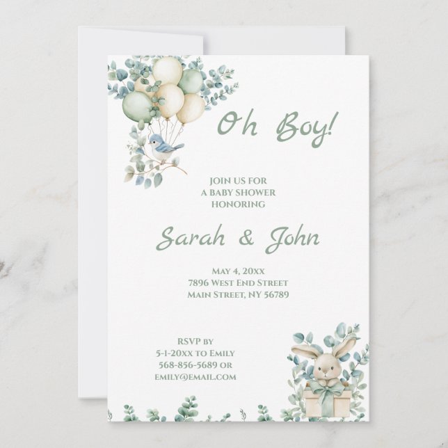 Invitación Oh Boy, Baby Shower Eucalyptus (Anverso)