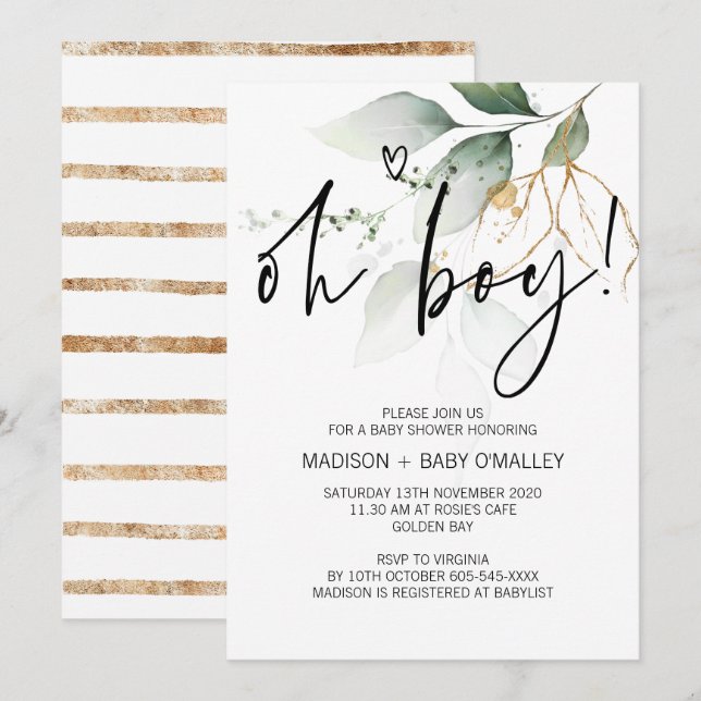 Invitación Oh Boy Baby Shower Fiesta Eucalyptus moderno (Anverso / Reverso)