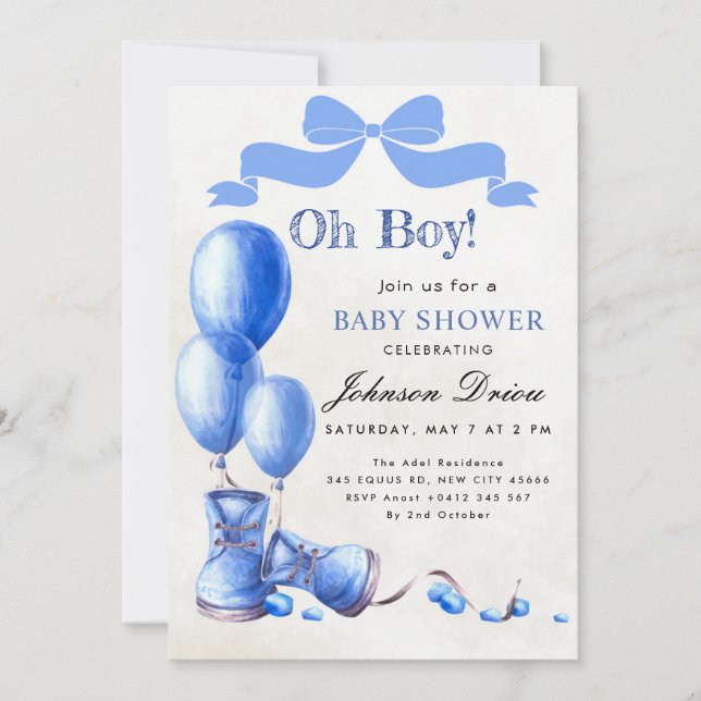 Invitación Oh Boy Baby Shower Invitation | Blue Watercolor (Anverso)