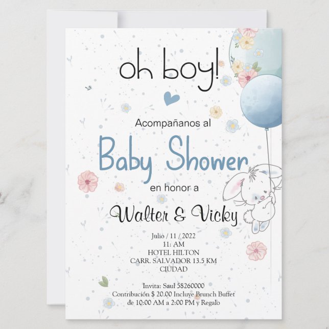 Invitación Oh boy! baby shower lindo conejito (Anverso)