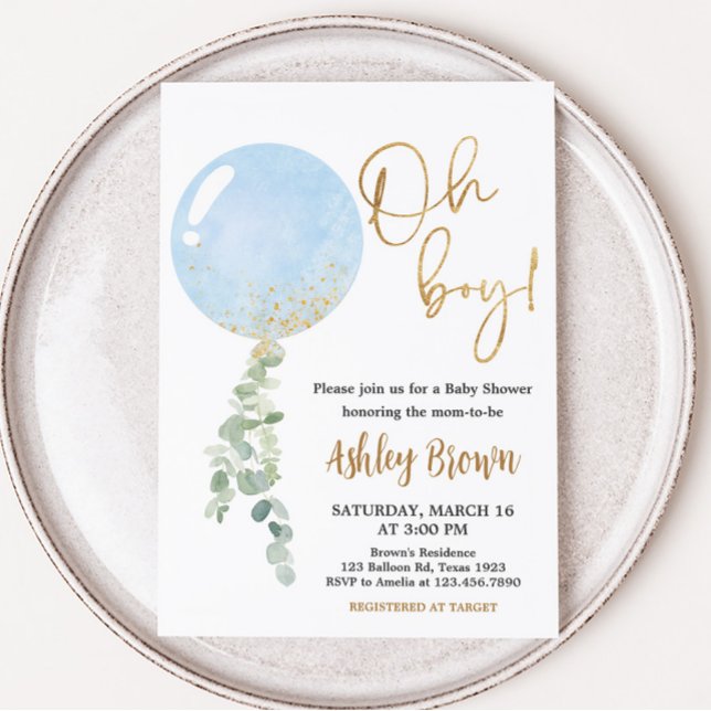 Invitación Oh Boy Balloon Baby Shower (Blue Balloon Eucalyptus Baby Shower Invitation)