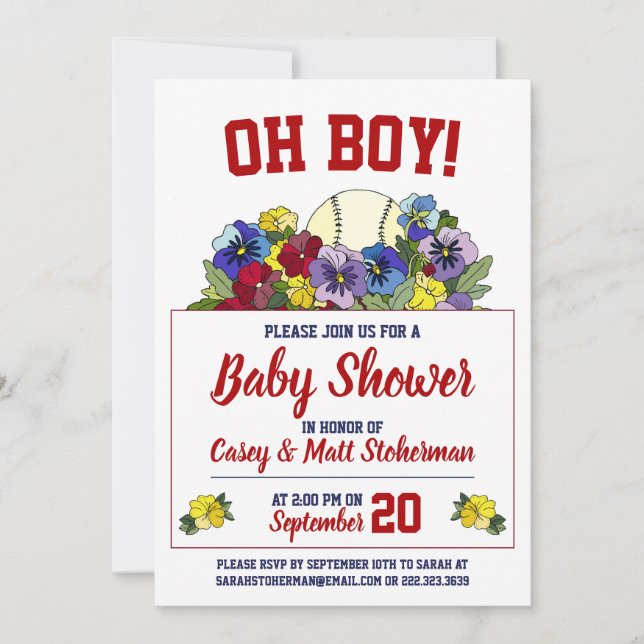 Invitación Oh Boy Baseball en Baby Shower de flores (Anverso)