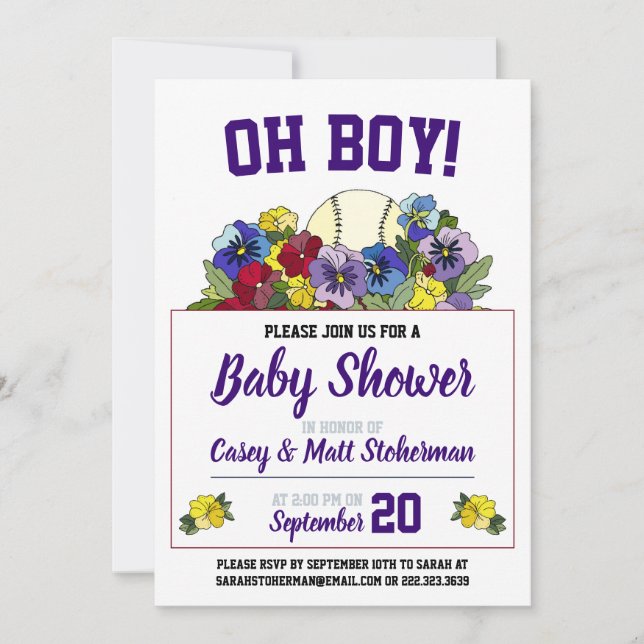 Invitación Oh Boy Baseball en Baby Shower de flores (Anverso)