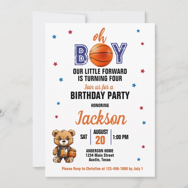 Invitación Oh Boy Basketball Tema Cualquier cumpleaños de eda (Anverso)
