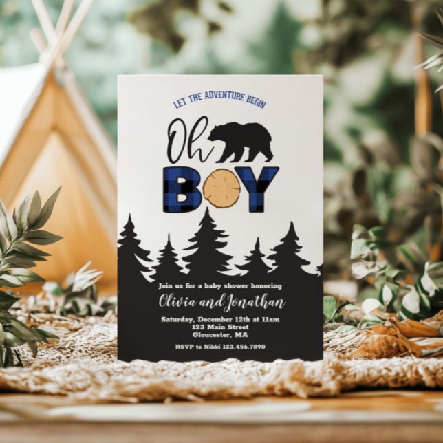 Invitación Oh Boy Bear azul Búfalo Planchado Baby Shower (Subido por el creador)