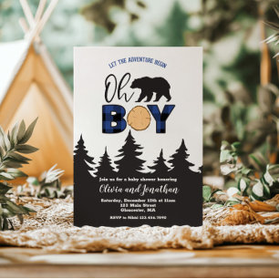 Invitación Oh Boy Bear azul de cuadros Buffalo Baby Shower