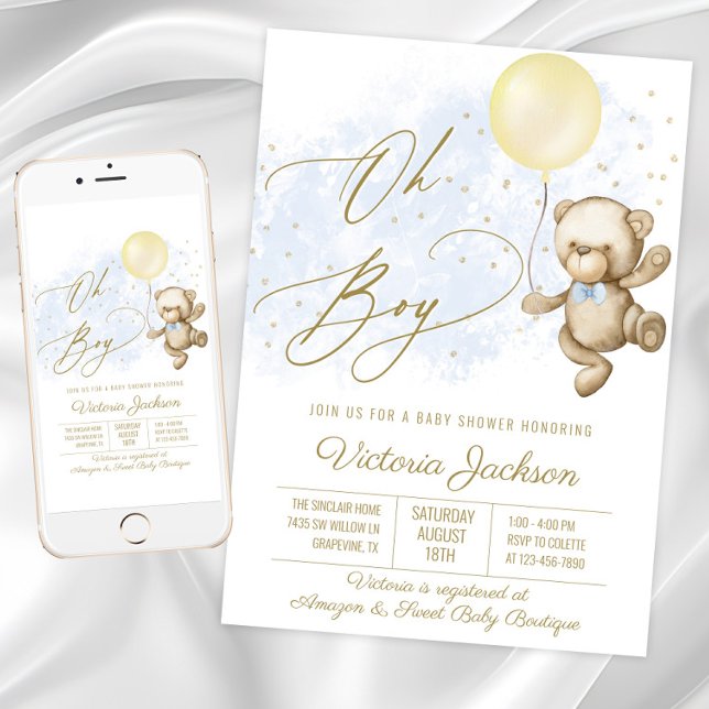 Invitación Oh Boy Bear Balloon Baby Shower (Oh Boy baby shower invitation with bear and balloon. Available for instant download and print.)