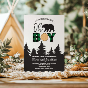 Invitación Oh Boy Bear Buffalo Plaid Baby Shower