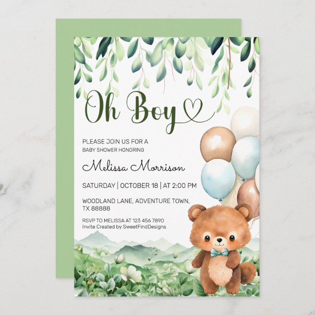 Invitación Oh Boy Bear Forest Baby Shower (Anverso / Reverso)