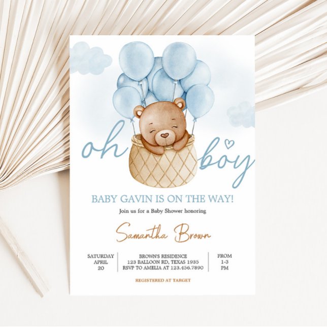 Invitación Oh Boy Bear Hot Air Balloon Baby Shower (Blue Boho Bear Baby Shower Invitation)