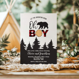 Invitación Oh Boy Bear Red Buffalo Plantado Baby Shower