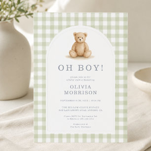 Invitación Oh Boy Bear Sage Verde Cuadros Baby Shower