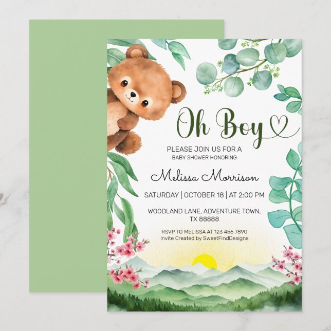 Invitación Oh Boy Bear Summer Baby Shower (Anverso / Reverso)