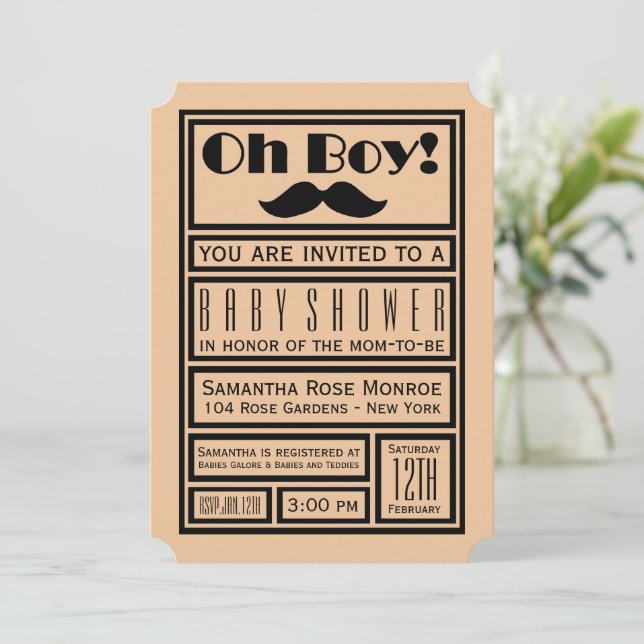Invitación Oh Boy Black Mustache Baby Shower (Anverso de pie)