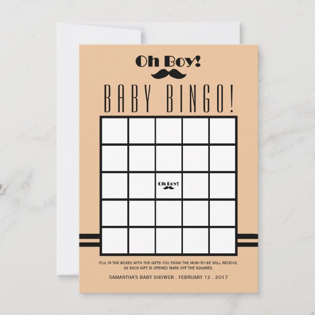 Invitación Oh Boy Black Mustache Baby Shower Bingo (Anverso)