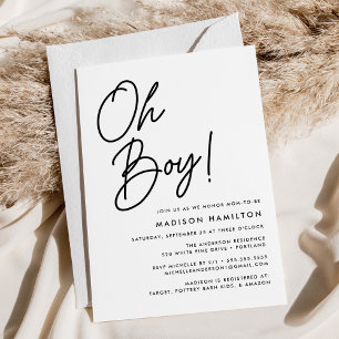 Invitación Oh Boy Black Script Baby Shower Minimalista