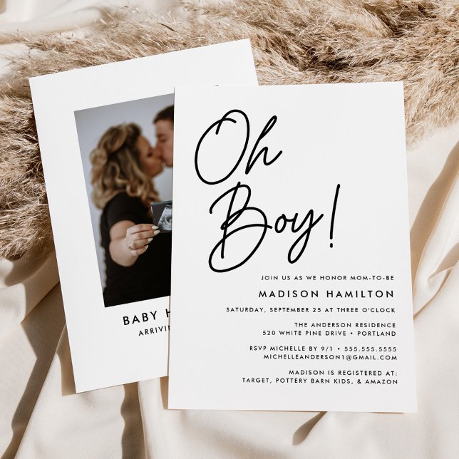 Invitación Oh Boy Black Script Photo Baby Shower (Subido por el creador)