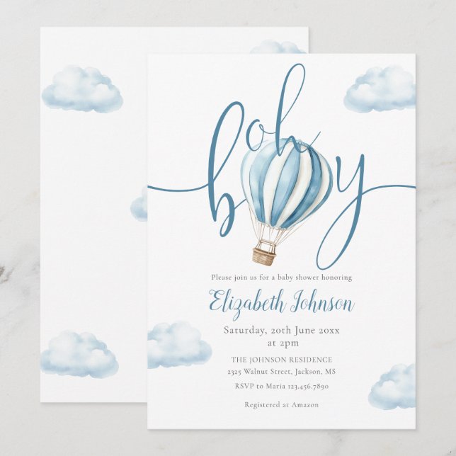 Invitación Oh Boy Blue Air Balloon Baby Shower (Anverso / Reverso)