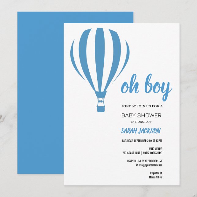 Invitación Oh Boy Blue Air Balloon Baby Shower (Anverso / Reverso)