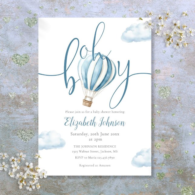 Invitación Oh Boy Blue Air Balloon Baby Shower (Oh Boy Blue Hot Air Balloon Baby Shower Invitation)