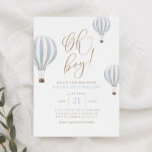 Invitación Oh Boy Blue Air Balloon Baby Shower<br><div class="desc">Invite a amigos y familiares a compartir la alegría de la llegada de su pequeño hijo con esta invitación a la ducha de bebé,  con globos azules de aire caliente y elegante tipografía de oro.</div>