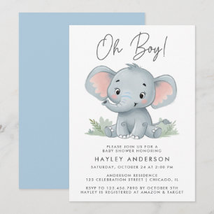 Invitación Oh Boy Blue Baby Elephant Baby Shower