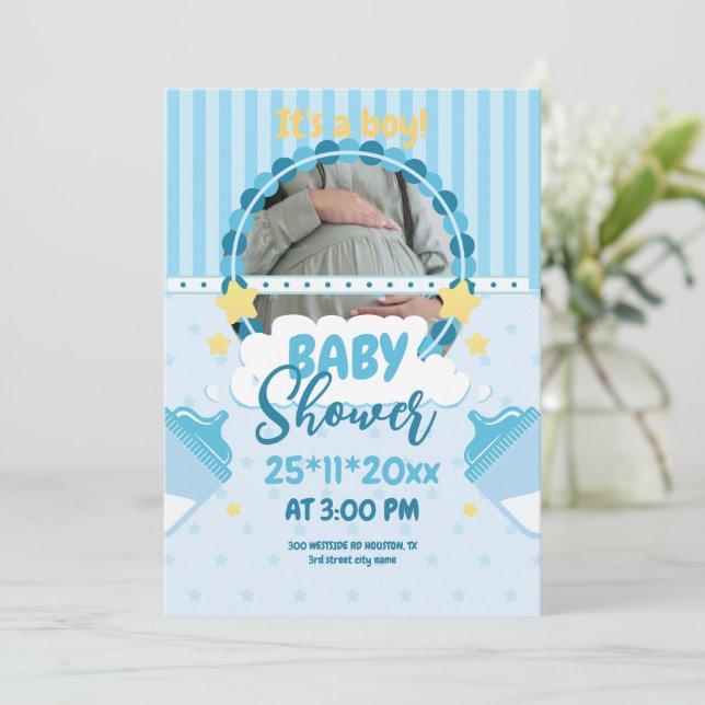 Invitación Oh Boy Blue Baby Shower Con Foto, Niño (Anverso de pie)