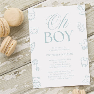 Invitación Oh Boy Blue Baby Shower Dibujado a Mano