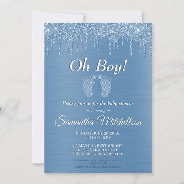 Invitación Oh Boy Blue Baby Shower Purpurina Drin Pies de Beb (Anverso)