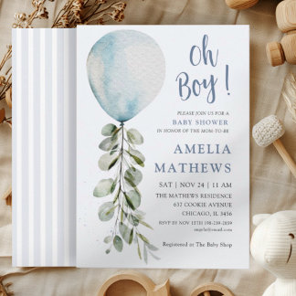 Invitación Oh Boy Blue Balloon Aquarela Baby Shower
