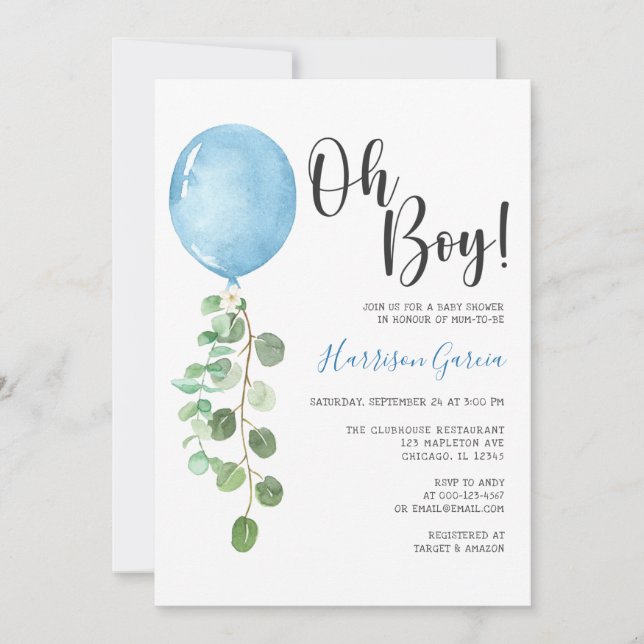 Invitación Oh Boy Blue Balloon Baby Shower (Anverso)